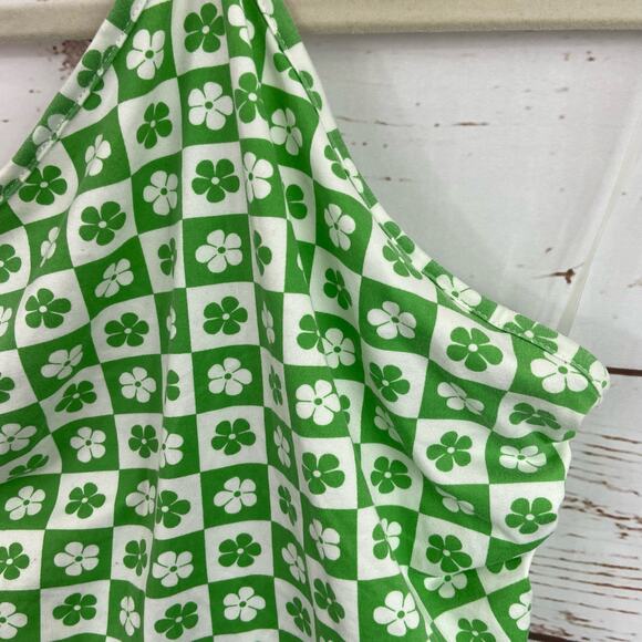 Windsor S Green White Checkered Shamrock Clover Tie Up Halter Ruched Crop Top - Picture 4 of 8